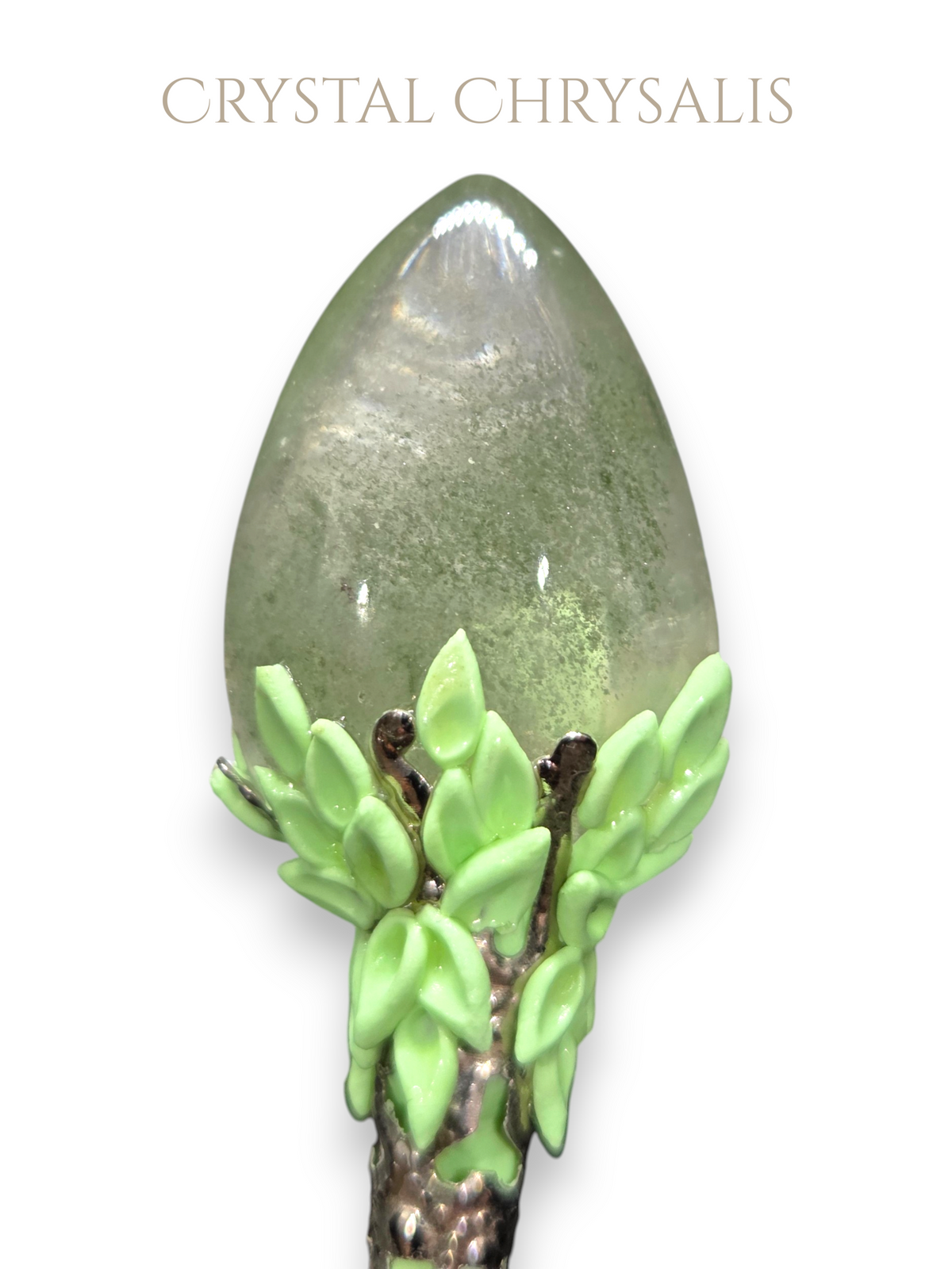Old World Antique Silver Dragon Natural Green Ghost Crystal Pendant Pendulum Necklace