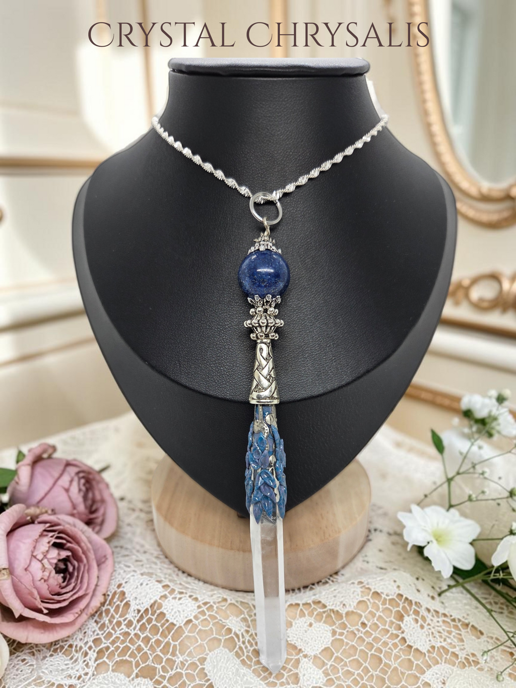 Old World Celtic Designed Antique Silver Clear Crystal Pendant Pendulum