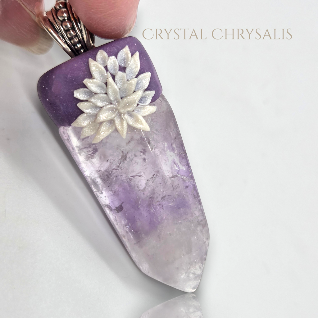 Handmade Antique Silver Natural Clear Amethyst Quartz Crystal Point Pendant