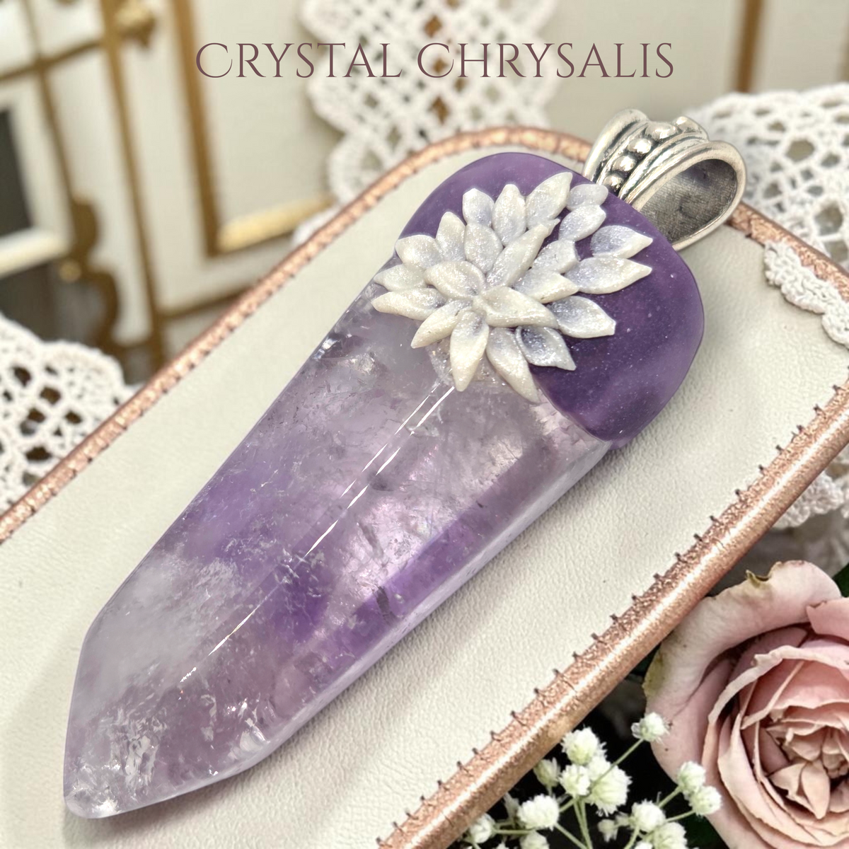 Handmade Antique Silver Natural Clear Amethyst Quartz Crystal Point Pendant