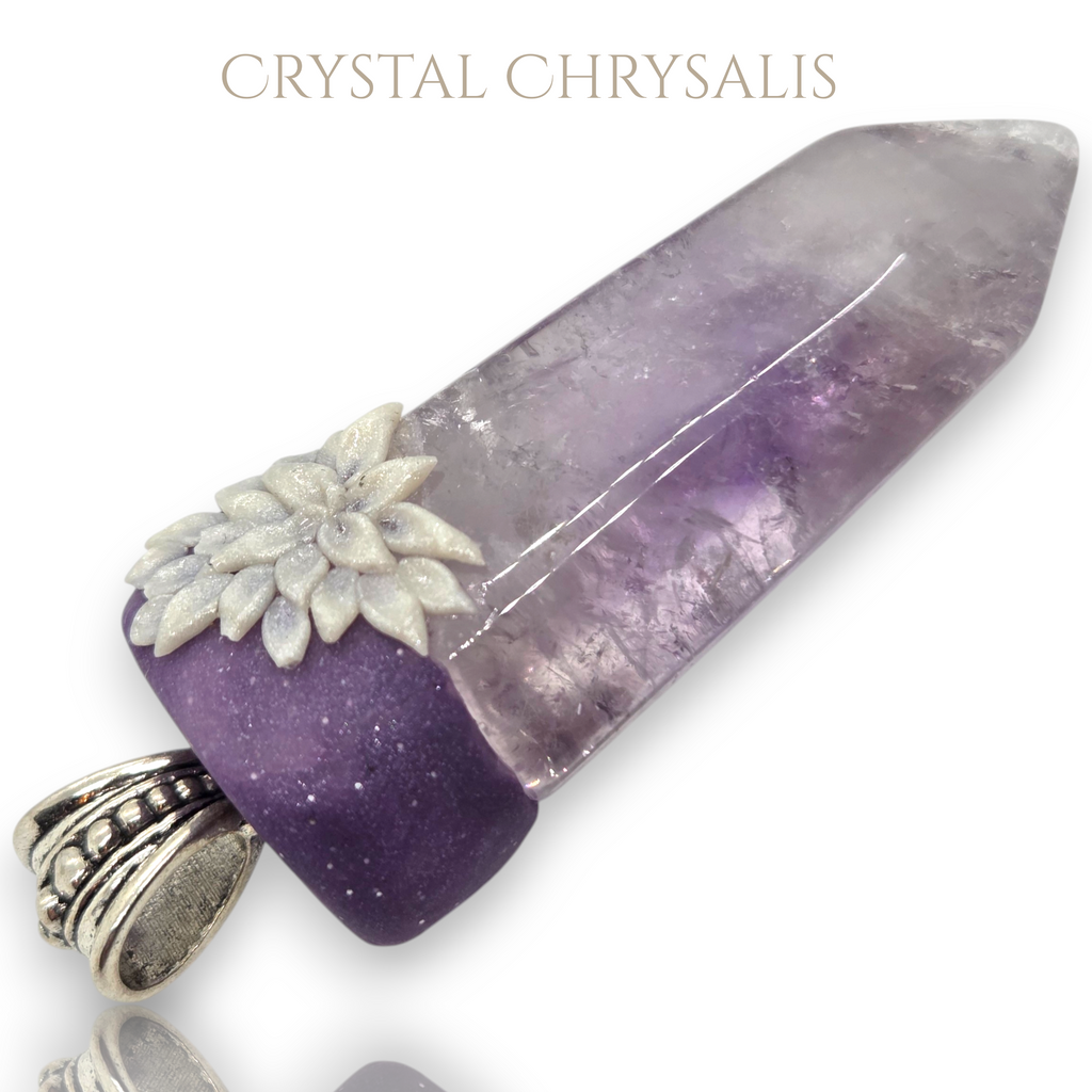 Handmade Antique Silver Natural Clear Amethyst Quartz Crystal Point Pendant