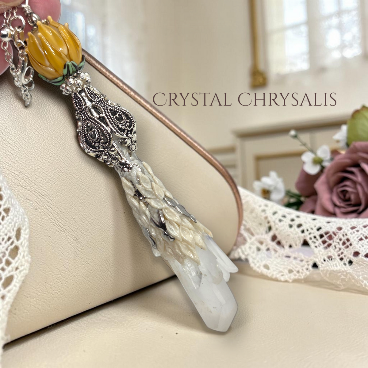 Old World Victorian Antique Silver Lotus Elestial Root Crystal Necklace