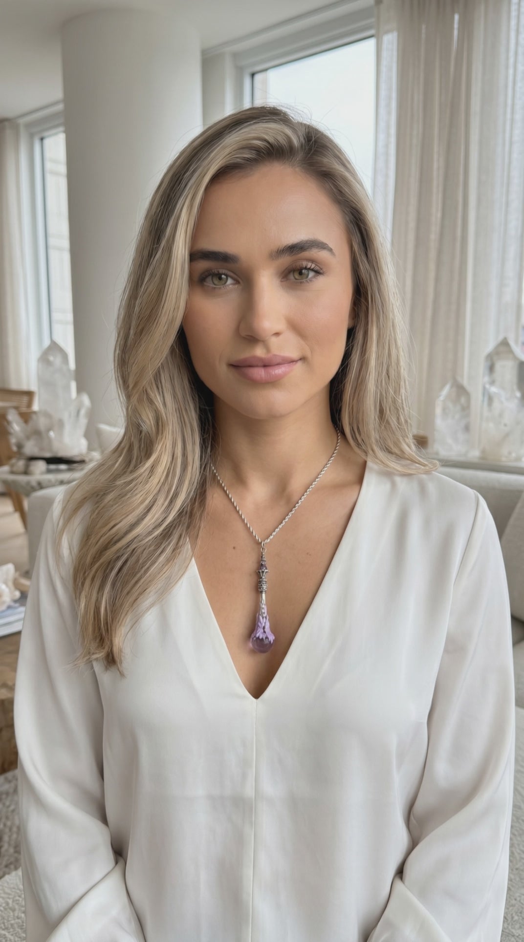 Handmade Antique Silver Natural Clear Amethyst Crystal Sphere Pendant Pendulum Necklace