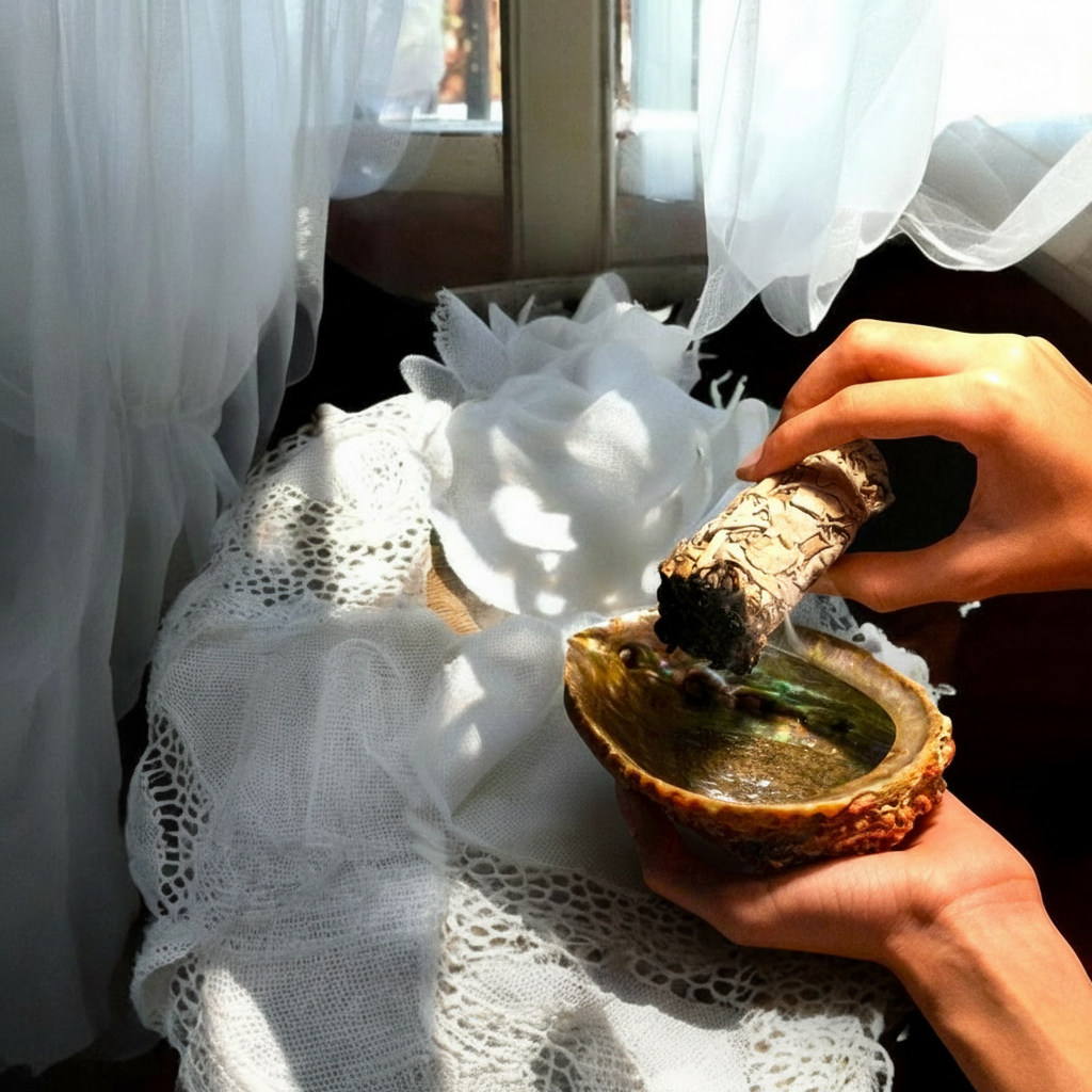 A lifestyle shot of a person holding a dried cat urine spray stick over an abalone shell, set against a background of white lace and sheer curtains with warm sunlight.