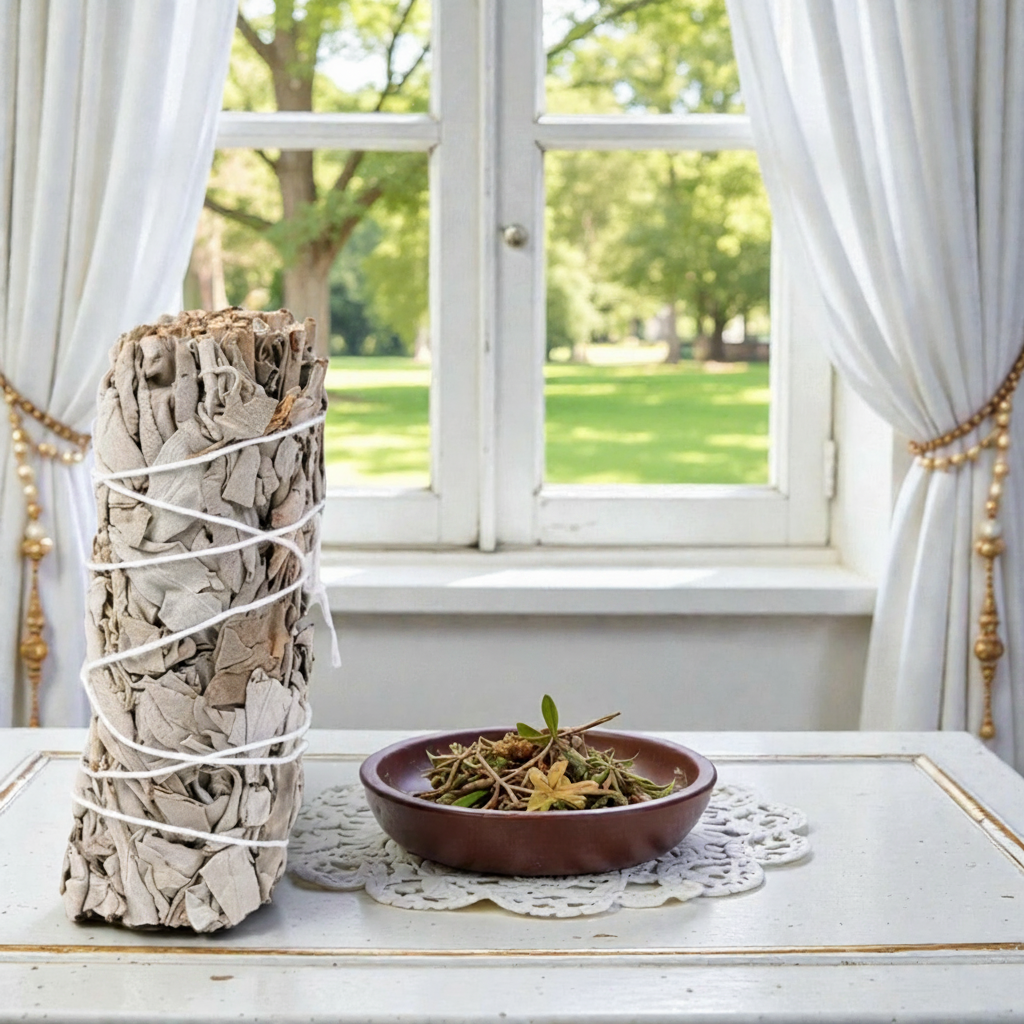 A bundle of dried herbs wrapped in white string stands on a white table beside a small brown bowl of loose herbs, set in front of a window with white curtains and a garden view. 