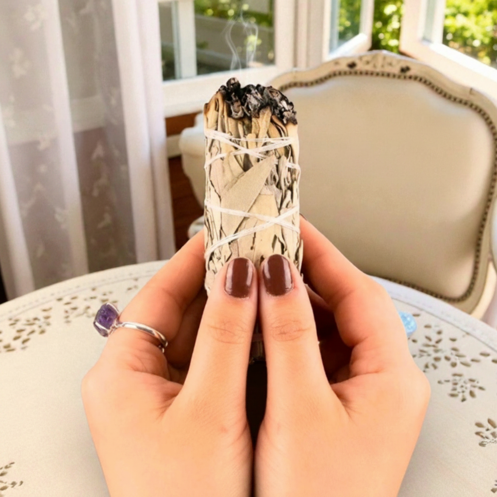 A person holds a sage smudge bundle in front of a chair in a bright indoor setting. T