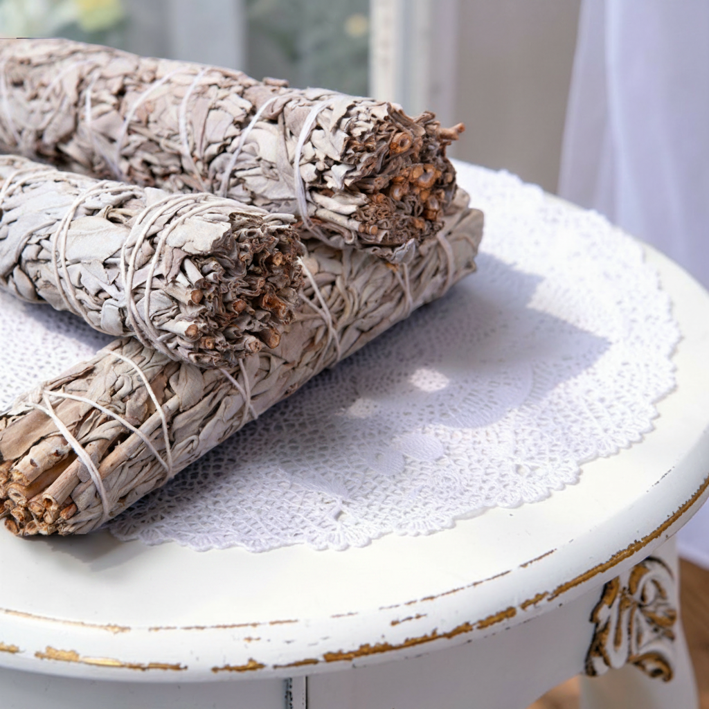 Three bundled white sage smudge sticks wrapped in string, displayed on a distressed white table with a lace doily. 