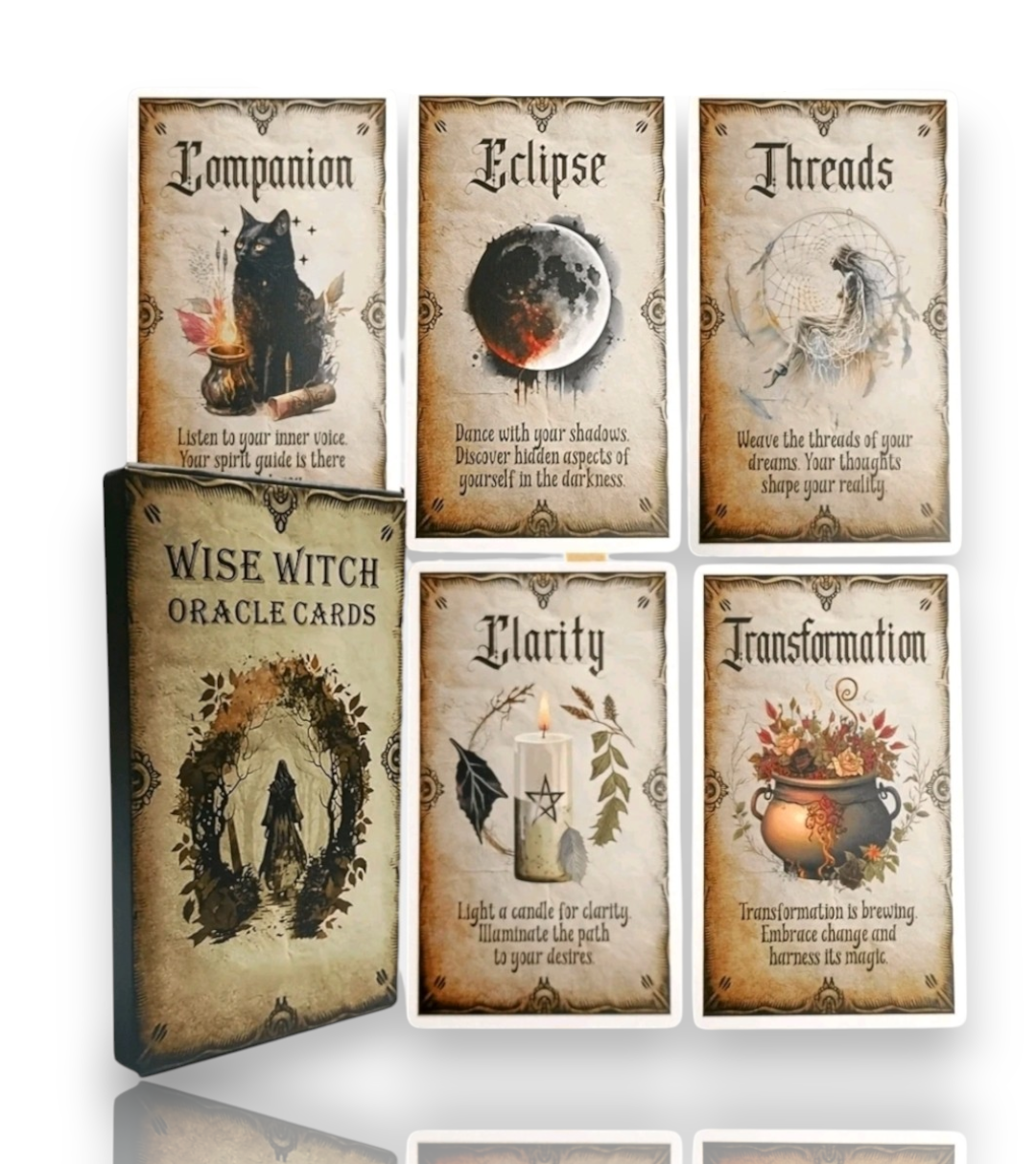 A boxed deck of oracle cards titled 'Wise Witch Oracle Cards' shown beside six individual card designs. The cards have a vintage parchment look with occult-themed illustrations and text such as Companion, Eclipse, Threads, Clarity, and Transformation.