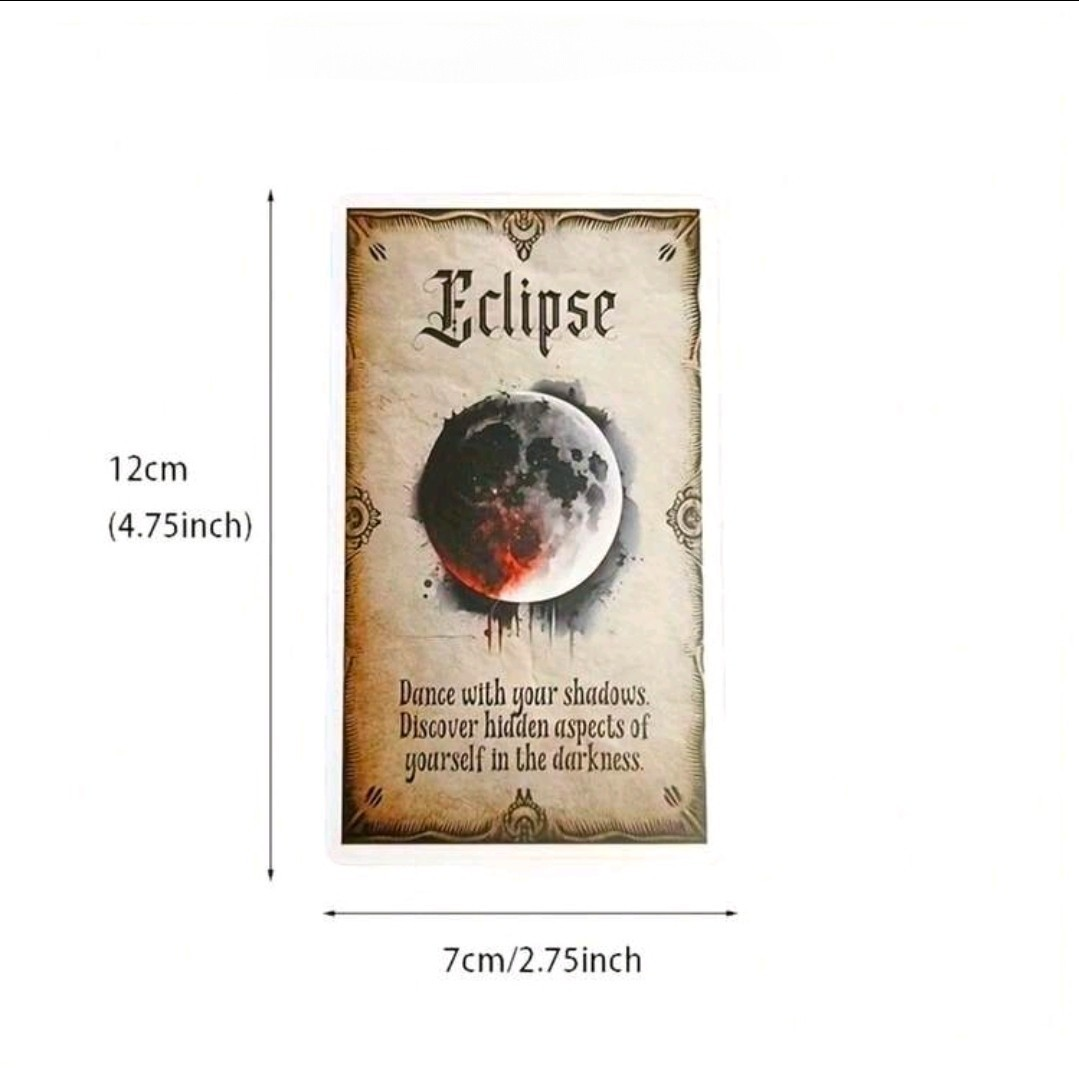 A product listing graphic showing a rectangular vintage-style poster or card with an eclipse illustration and the word 'Eclipse,' plus dimension labels indicating 12 cm height and 7 cm width. 
