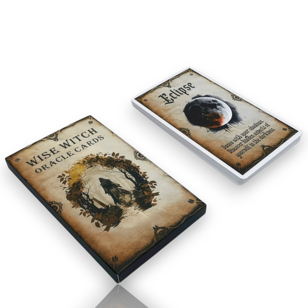 Two boxed oracle cards displayed on a clean white background: the front box reads 'WISE WITCH ORACLE CARDS' with a dark circular illustration, and the top card reads 'Bridge' with a moon graphic. 